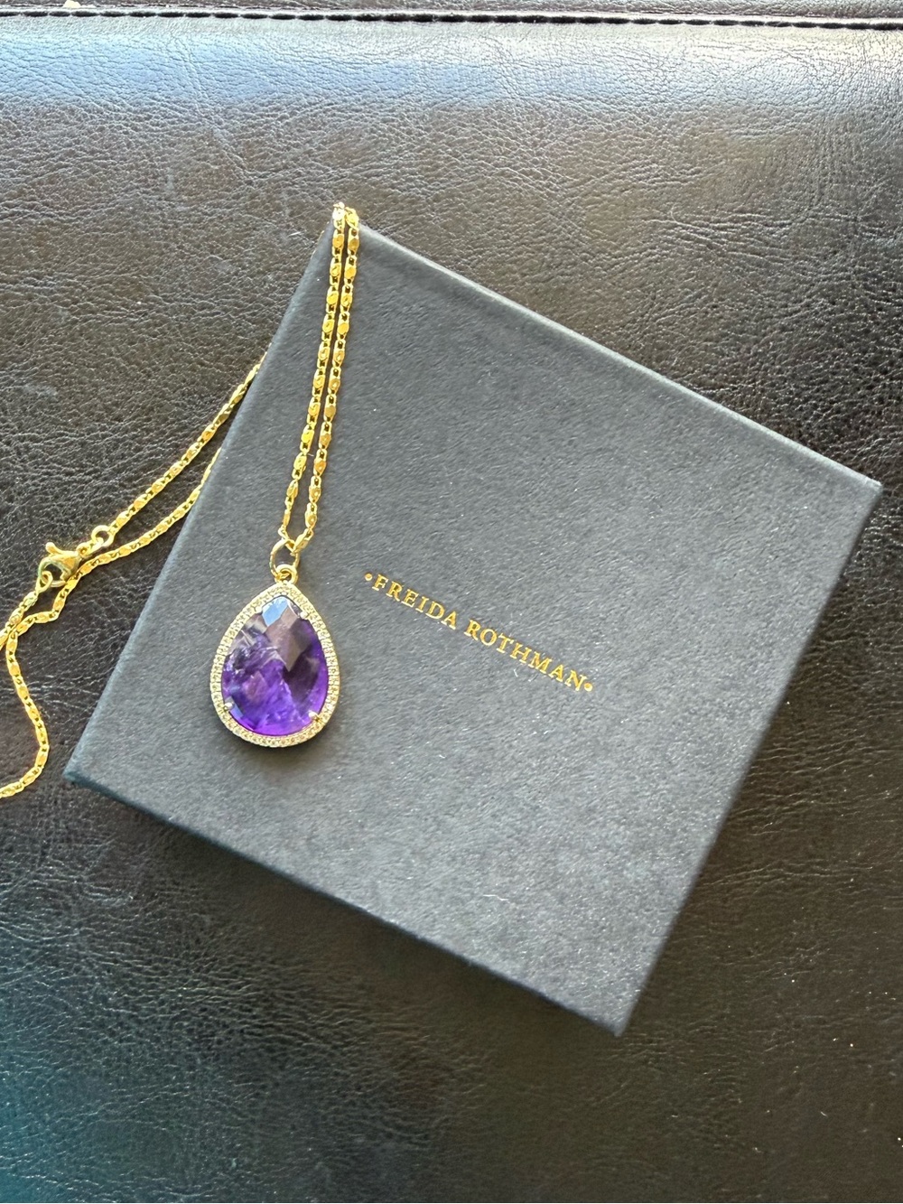 Freida Rothman Gold Necklace with Purple Teardrop Pendant